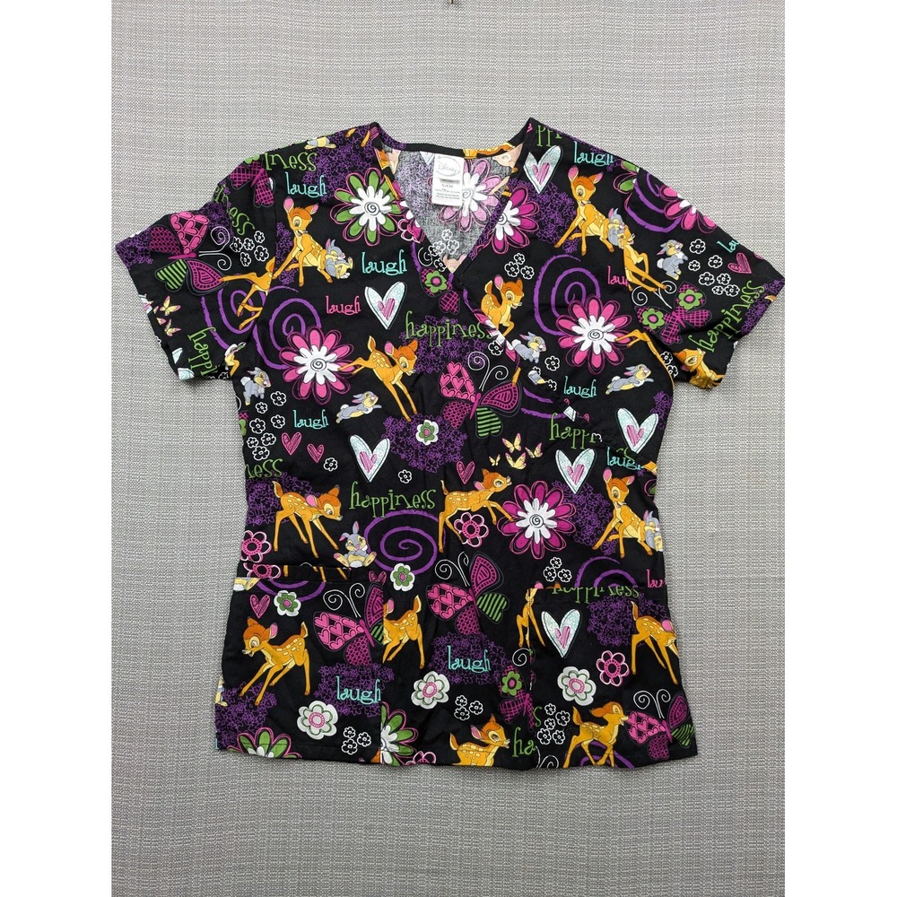 Disney Scrub Blouse Womens Small Black Bambi Thumper Floral V Neck Pockets